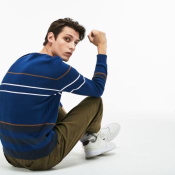 Lacoste Crew Neck Multicolor Striped Milano Cotton Sweater Pánské - Svetr Tmavě Blankyt Blankyt / Bl